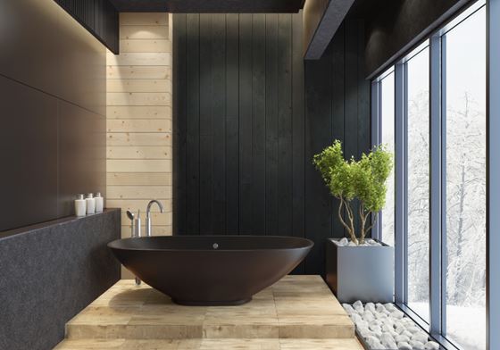 Modern bathroom featuring UFP-Edge native woods nightfall black shiplap