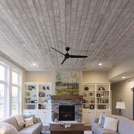 Living room area with smoke white charred wood shiplap ceiling