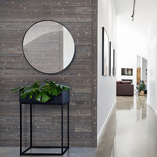 Home table mirror entryway hallway with Charred Wood Ash Gray shiplap accent wall