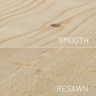 Split image showing smooth and resawn surface texture on natural siding pattern wood board