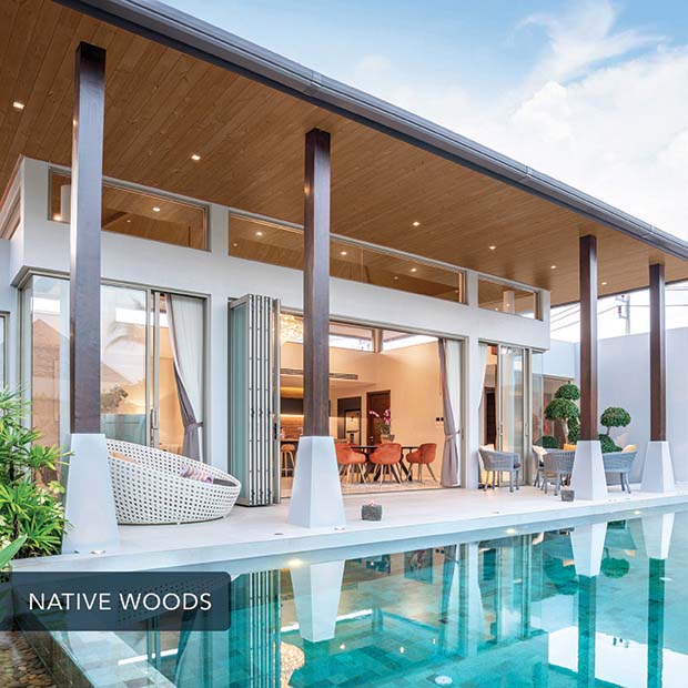Outdoor porch by pool with UFP-Edge native woods saddle brown shiplap ceiling application 