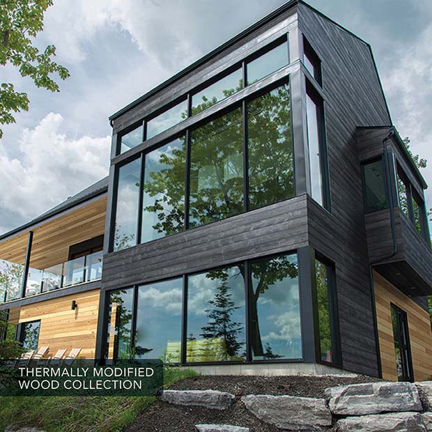 Modern home with UFP-Edge thermally modified wood collection timber ridge black shiplap siding