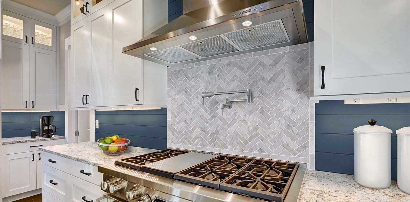 UFP-Edge cavalry blue timeless nickel gap shiplap kitchen accent wall.