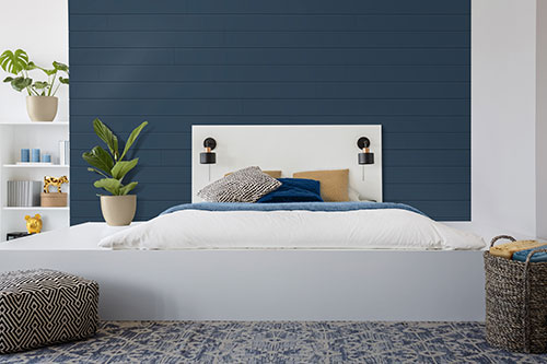 UFP-Edge cavalry blue Timeless nickel gap shiplap bedroom wall cladding.