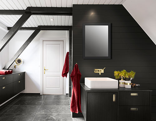 UFP-Edge midnight black Timeless nickel gap shiplap bathroom wall cladding.