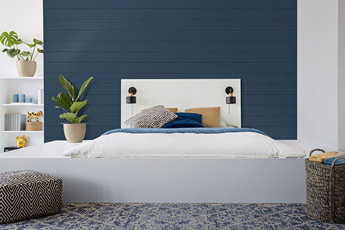 UFP-Edge calvary blue nickel gap shiplap bedroom accent wall