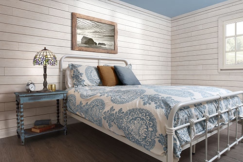white rustic shiplap bedroom