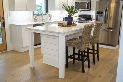 Smooth white shiplap around kitchen island 