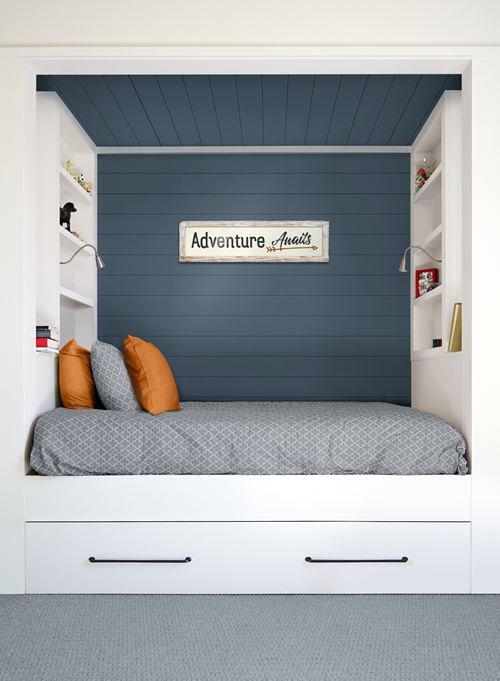 Timeless nickel gap Cavalry Blue shiplap in reading nook and ceiling