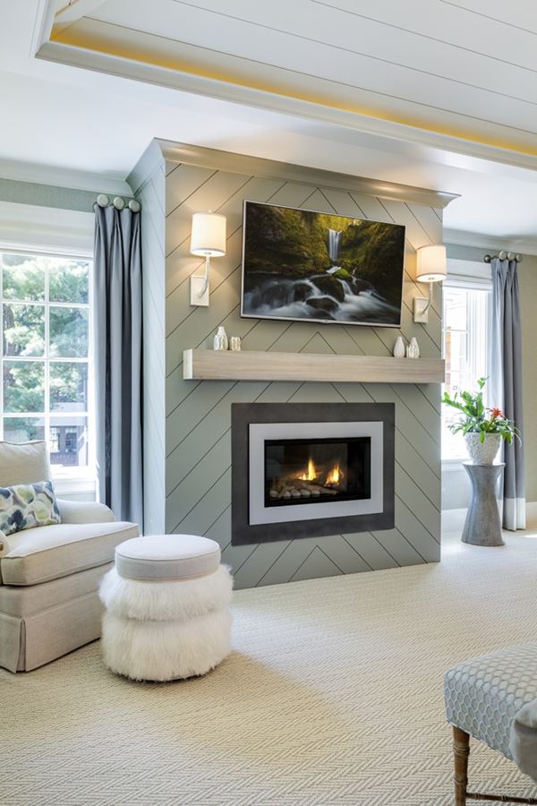 Painted and primed smooth shiplap fireplace