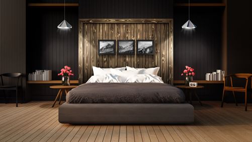 Charred wood on bedroom headboard