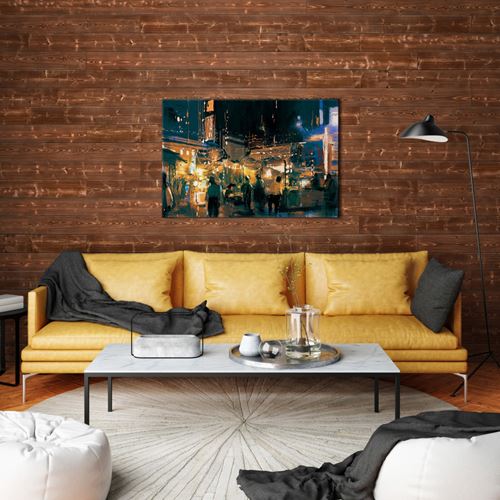 Canyon Charred Wood shiplap in living room with yellow couch