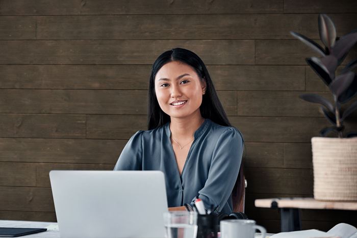 Rustic Collection Brown Shiplap Office Asian Woman Working