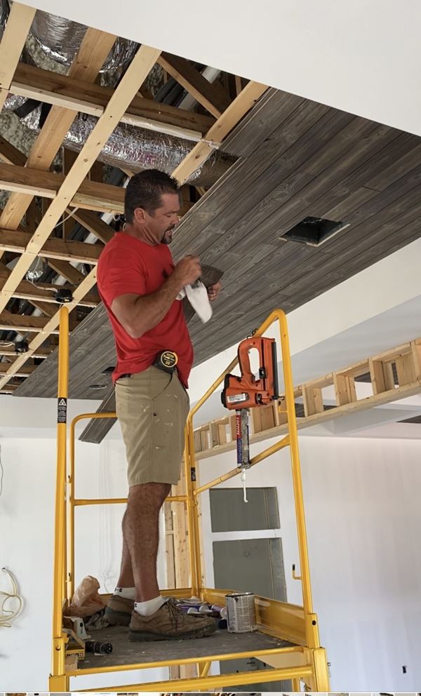 Staining ends of shiplap board for shiplap ceiling install