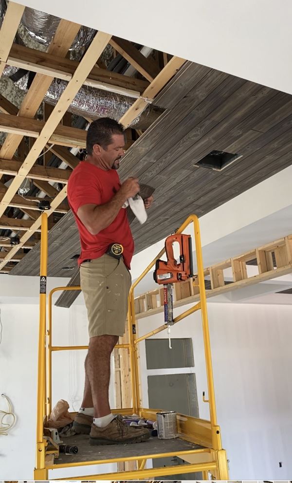 Staining ends of shiplap board for shiplap ceiling install