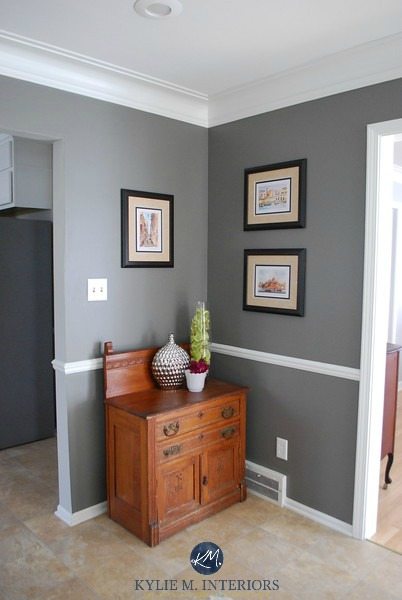 Chair rail in dining room with gray wall