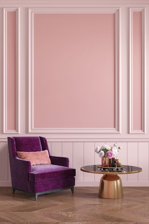 Timeless light pink shiplap under as wainscoting under chair rail with pink board and batten wall 