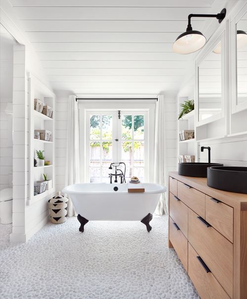 Timeless Farmhouse White Shiplap in white bathroom with tub