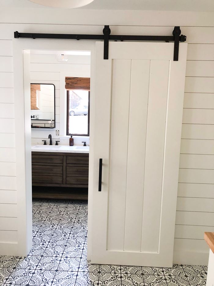 Timeless shiplap sliding bathroom barn door