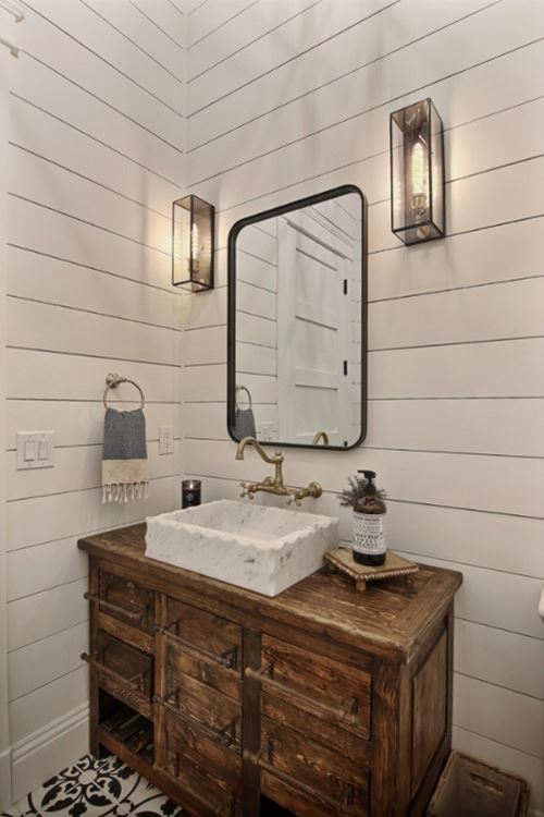 Full view of Timeless shiplap powder room wall to ceiling