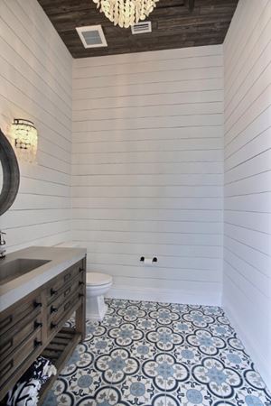 Floor to ceiling view of pool bath featuring Timeless shiplap walls and Charred shiplap ceiling