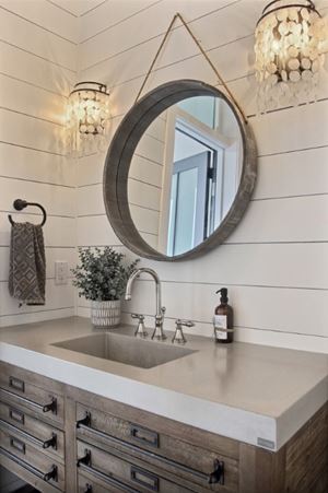 Pool Bath Timeless shiplap wall with circle mirror