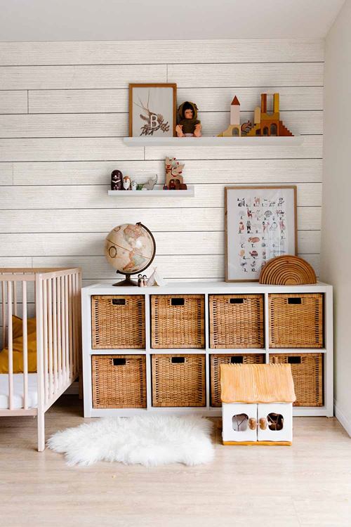 Rustic White shiplap wall in Scandinavian inspired nursery