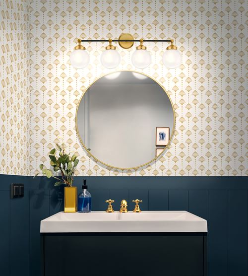 Timeless shiplap bathroom half wall blue with gold wallpaper