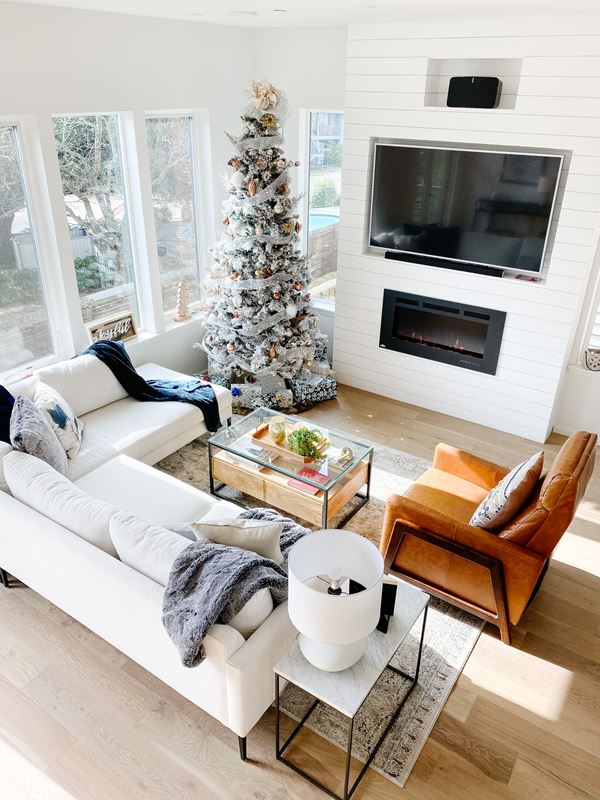 Final aerial view of shiplap built-in project_Christmas tree_living room