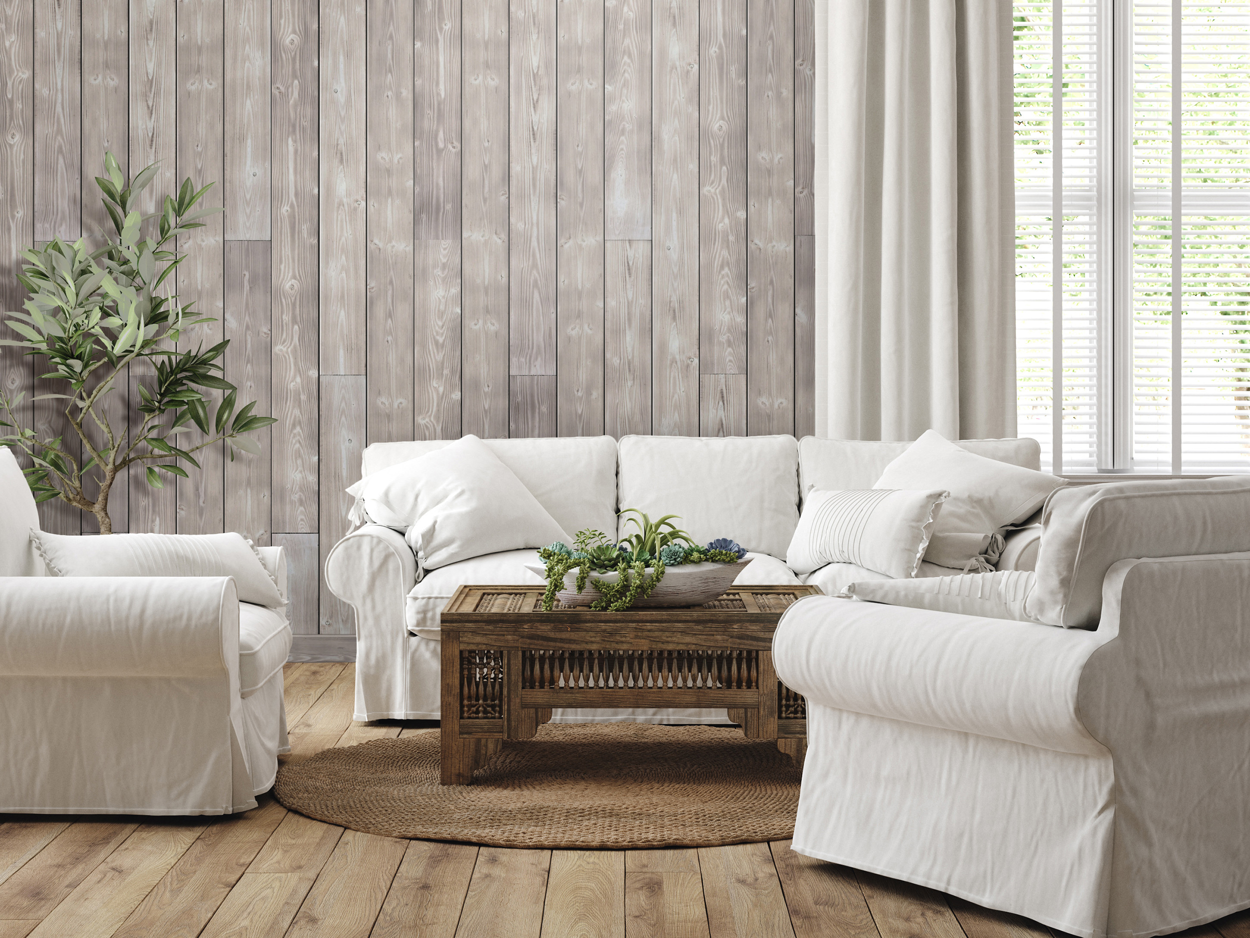 Charred wood smoke white vertical shiplap in Scandinavian living room