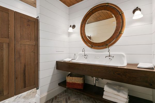 Edge Timeless shiplap bathroom wood round mirror swing door