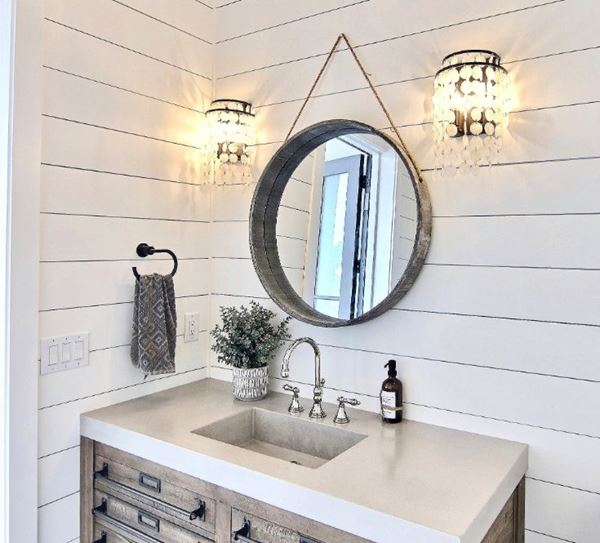 Timeless shiplap bathroom corner round mirror 