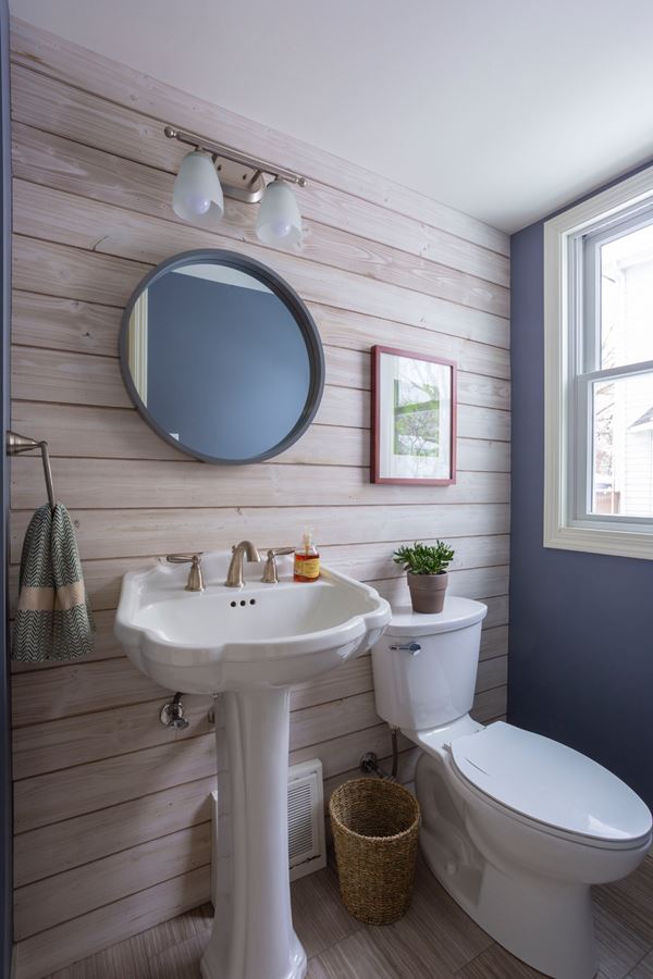 Charred Wood Smoke White shiplap bathroom blue wall