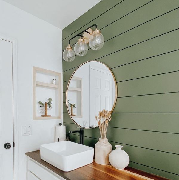 Green Timeless shiplap bathroom remodel