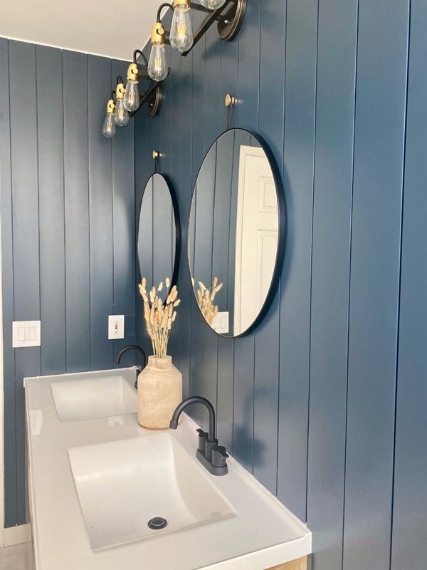 Timeless Cavalry Blue shiplap bathroom mirror sink 