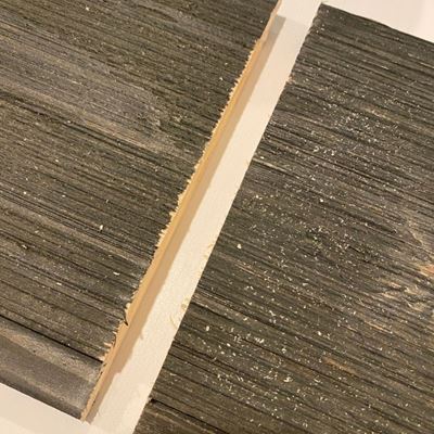Cut comparison of cutting UFP-Edge Rustic Collection Charcoal shiplap on finished edge 