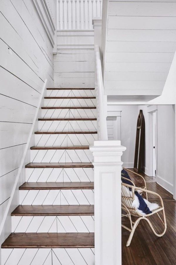 Shiplap staircase angled stair riser