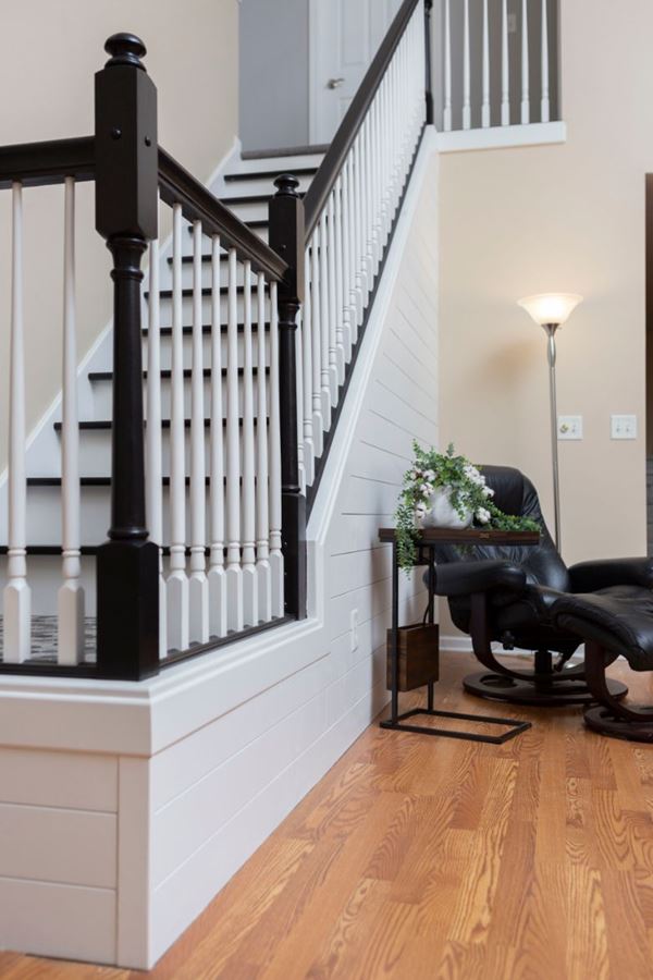 Timeless Farmhouse White shiplap staircase leather chair contrast stair tread