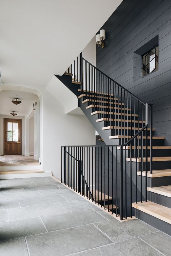 Black shiplap staircase accent wall dark