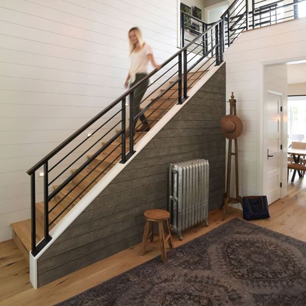 Rustic Dark Brown shiplap staircase person