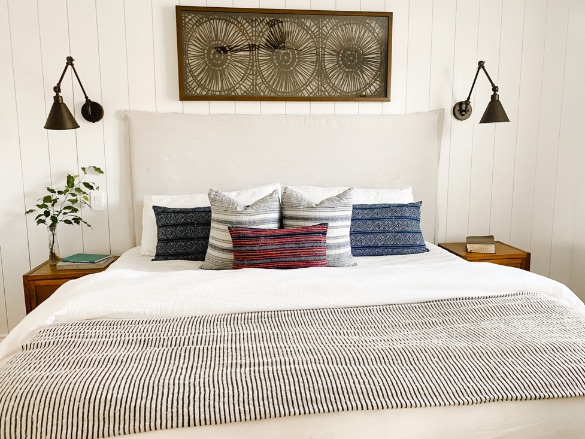 Prepainted Timeless Vertical Shiplap Bed Headboard Pillows