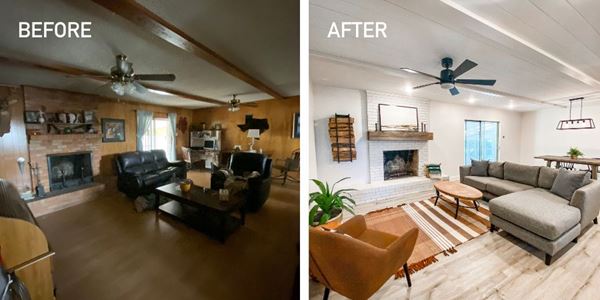 7 ways to make your space feel bigger: before and after Timeless shiplap ceiling 