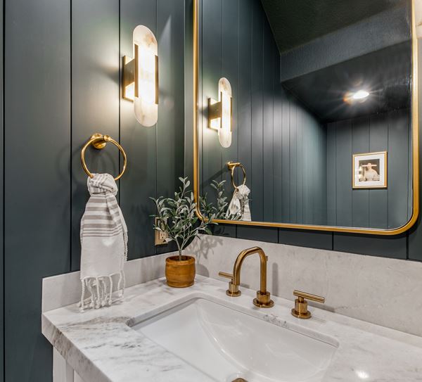 Eclectic modern green shiplap bathroom featuring Timeless shiplap sink mirror