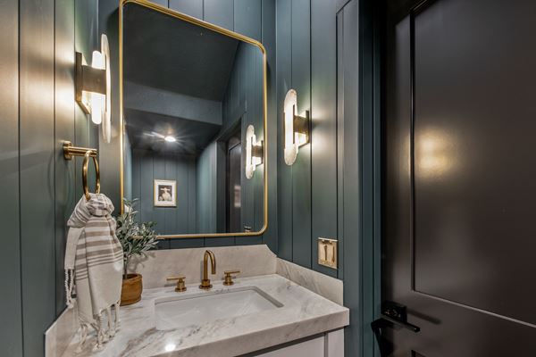 Eclectic modern green shiplap bathroom featuring Timeless shiplap sink mirror door
