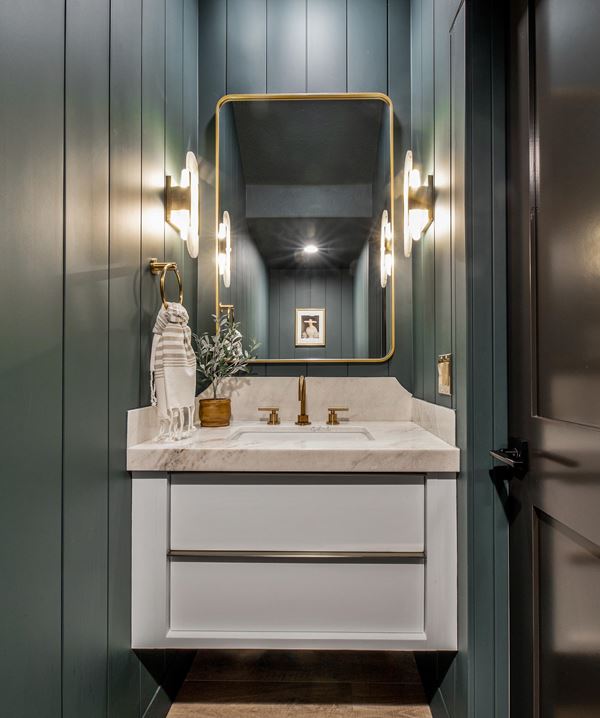 Green shiplap eclectic powder room with Timeless primed shiplap