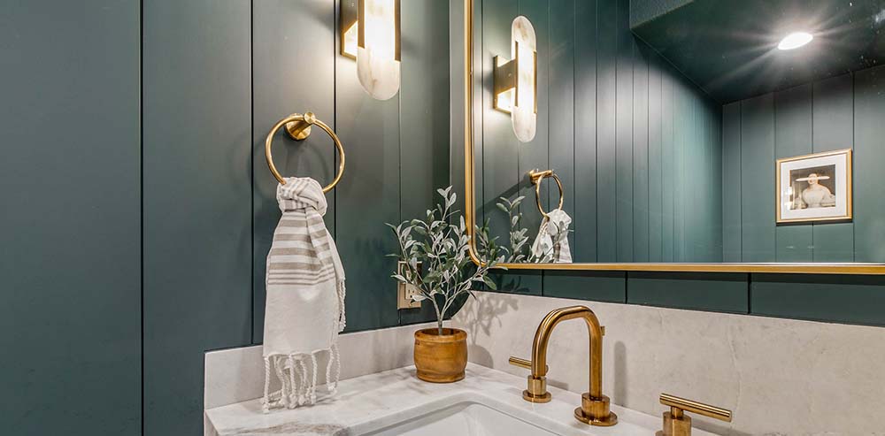 Eclectic Green Shiplap Powder Room Marble Sink Gold Mirror