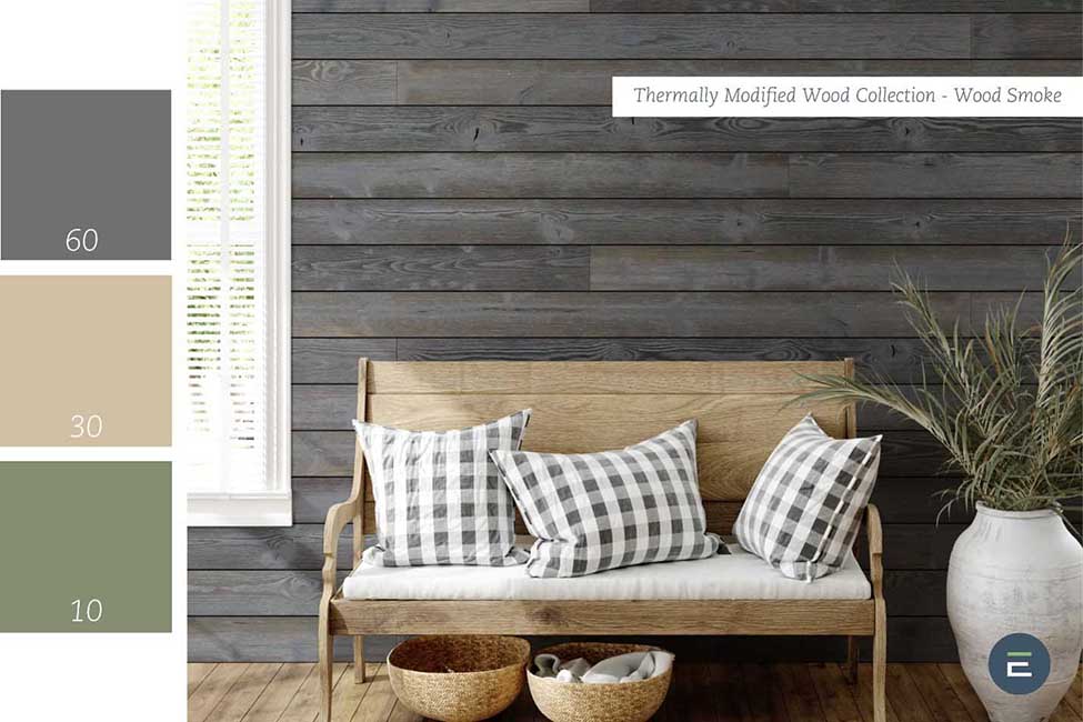 60 30 10 Design Rule Swatch Featuring Thermally Modified Woods Collection Wood Smoke Gray Shiplap