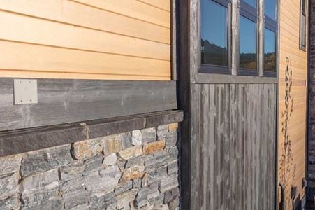 Modern condo door with thermally modified wood collection VG Hemlock and Big Sky cladding