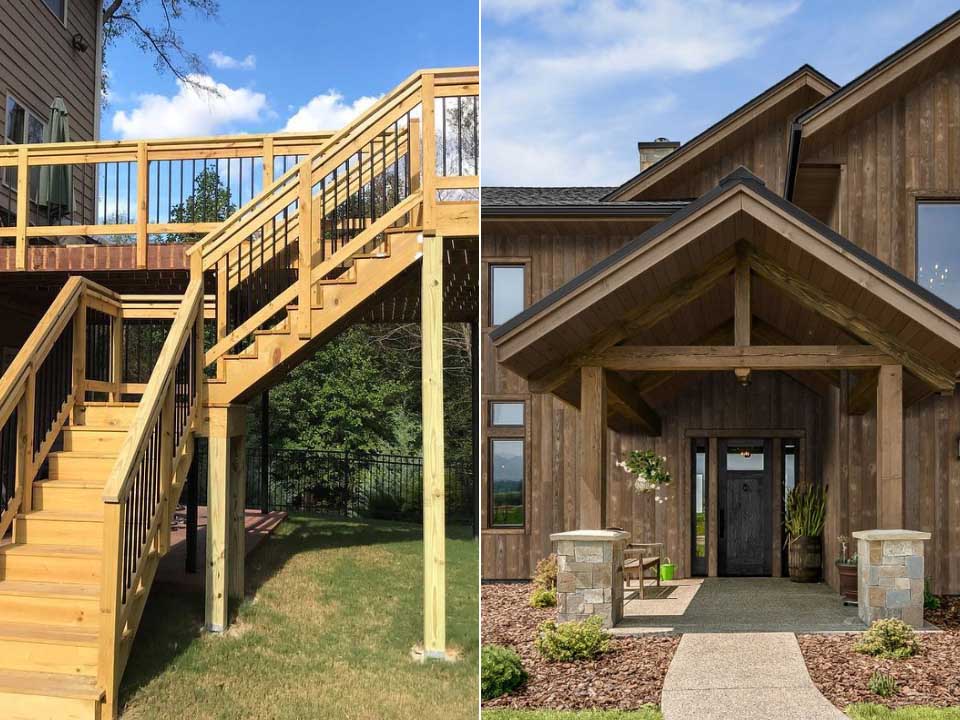 Backyard deck with pressure treated lumber and front porch with thermally modified wood side by side