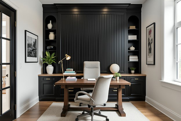 Modern home office with shiplap accent wall